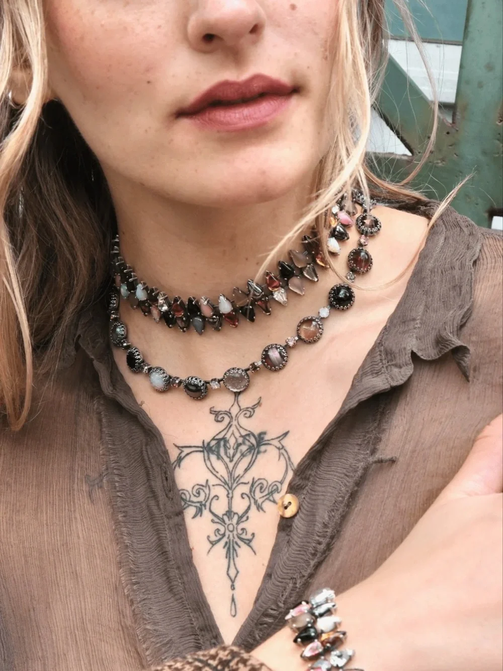 Vesper Obscura (Mia Vesper) layering choker necklaces Silver multi rainbow jewel